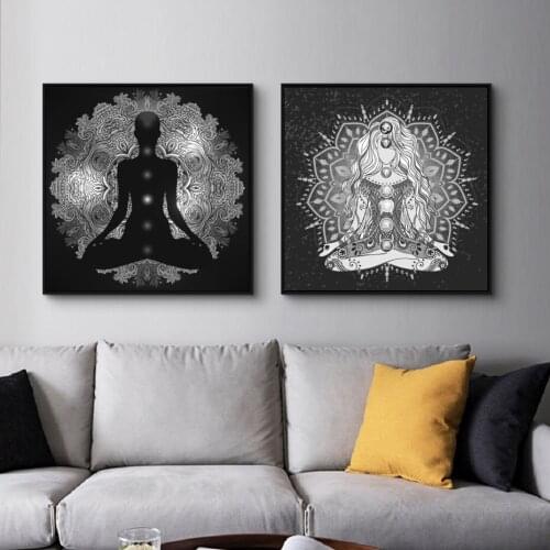 Black and White Indian Buddhism Sitting Meditation Yoga Mandala Art Canvas Painting Poster Print Printing Bedroom Home Decor