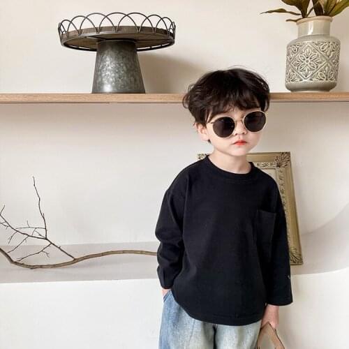 Childrens Long Sleeve T-shirt 2021 Autumn New Korean Solid Color Simple Boys and Girls' O-Neck Top