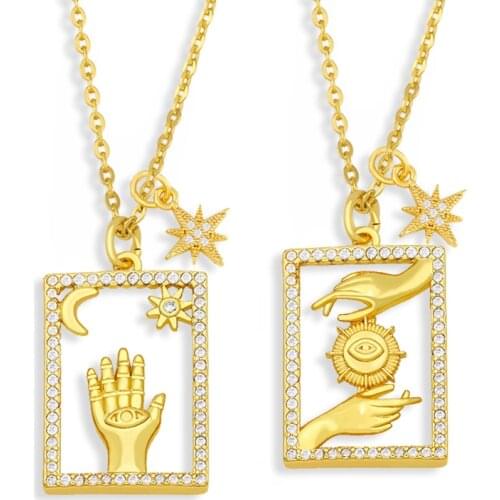 FLOLA Square Hamsa Fatima Hand Necklace For Women CZ Turkish Evil Eye Pendant Necklace Gold Plated Jewelry Accessories nkev55