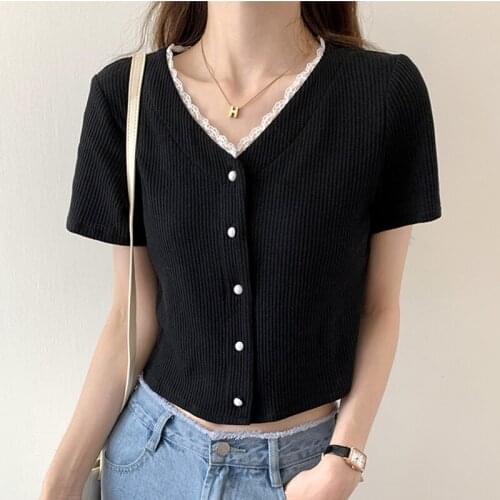 Summer Knitted Thin Tshirt Women Korean Lace V Neck Single Breasted Black Slim Short T-shirts Female Knit Tee Shirt Femme Tops