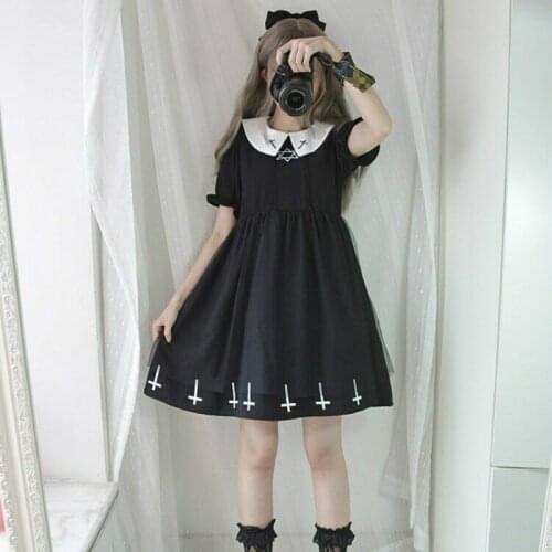 Kawaii Japanese Gothic Lolita Dress Punk Crosses Black Sweet Harajuku Sister Style Star Tulle Dress Cute Girl Streetwear