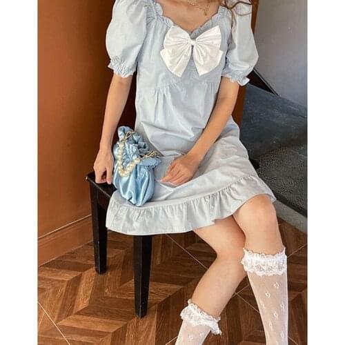 Summer Solid Elegant Dress Women Bow Harajuku Sweet Fit Chic Ruffles Cute Dress Female Casual Holiday Pretty Party Dress 2021