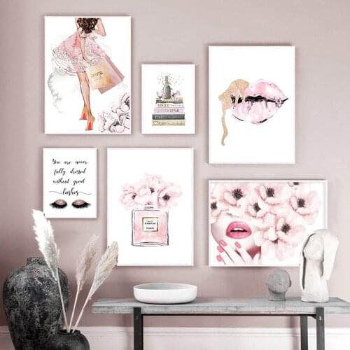 Pink Flower Perfume Fashion Poster Eyelash Lips Makeup Print Canvas Art Painting Wall Picture Modern Girl Room Home Decoration