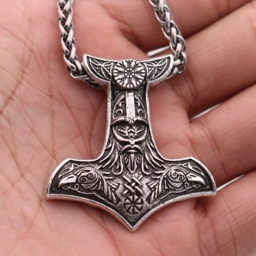 Odins Hammer with Raven pendant Necklace Nordic Viking Odin Amulet Vegvisir Compass Slavic Kolovrat Pendant Necklace Jewelry