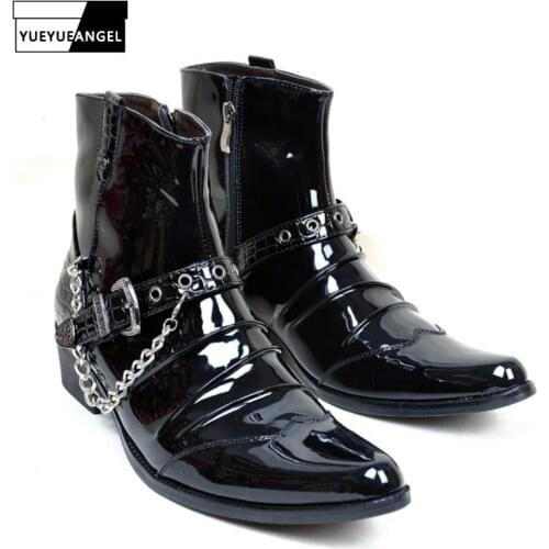 Spring Autumn Harajuku Pointed Toe Punk Style Fashion Man Leather Boots Chain Rivet Buckle Cowboy Boots Black Male Shoes