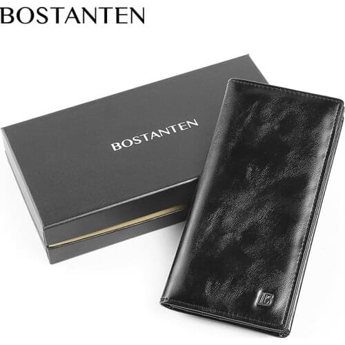 BOSTANTEN Mens Oil Wax Leather Multi-Card Long Wallet With Gift Box