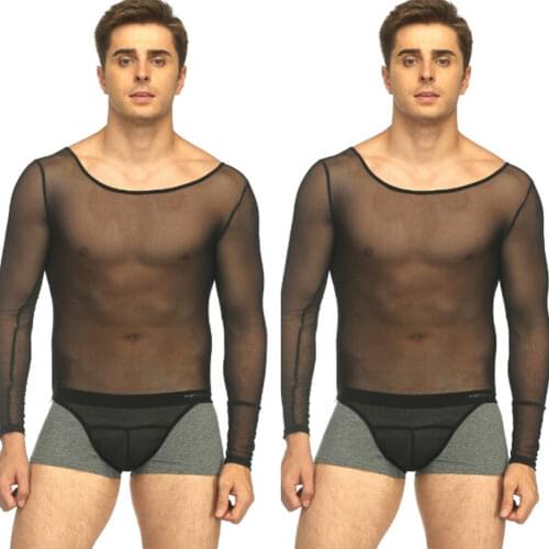 New Men Sexy Undershirts Ice Silk Tight Male Clothing O-neck Slim Thin T-shirts Sheer Bodysuit See Through Tops Plus Size