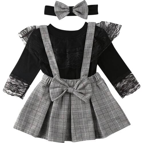 1-6Y Toddler Kid Girl Baby Clothes Set Black Long Sleeve Lace T shirt Tops + Plaid Ruffles Skirts Overalls Spring Girl Costumes