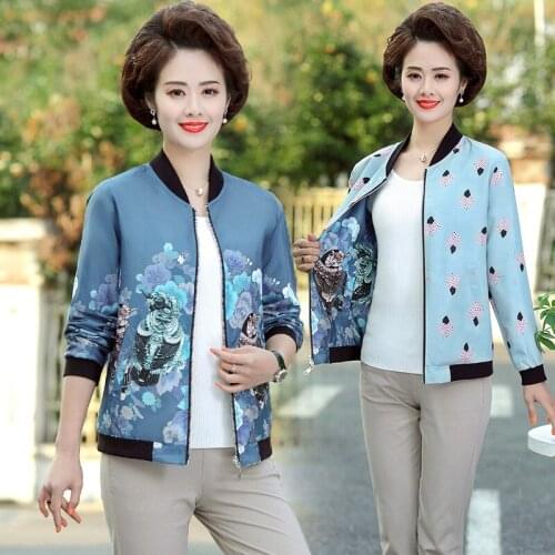 Middle-aged and Elderly Womens Coat Double-Sided Ladies Jacket Spring Autumn Plus Size Long Sleeve Printed Windbreaker Outwear