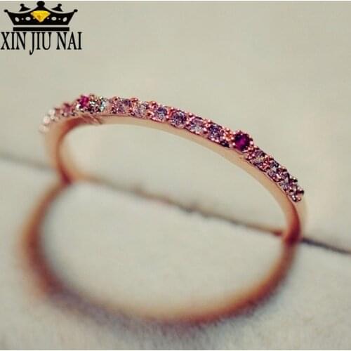 Personalized fine Fashion Vintage Rose Gold Tiny Rings for Women Rose Red & Clear CZ Half Eternity Wedding Band Engagement