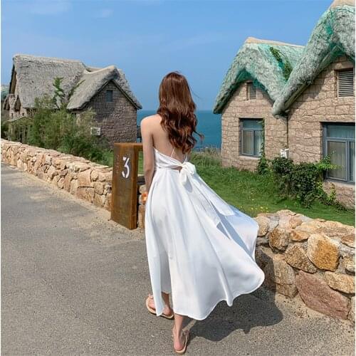 French Style Elegant Dress Summer Holiday Beach Spaghetti Strap Dress Women Sleeveless Sexy Backless Satin Dresses Party Vestido