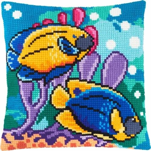 Cross Stitch Cushion Fish In the Aquarium Needlepoint Kits Pre-Printed Canvas Chunky Yarn Cross-stitch Pillow Case Arts & Crafts
