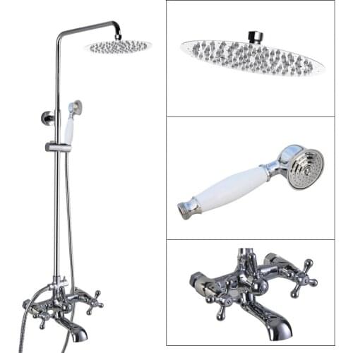 Polished Chrome Brass Bathroom Wall Mounted Round Rain Shower Faucet Set with Hand Spray Two Cross Handles Tub Mixer Tap acy322