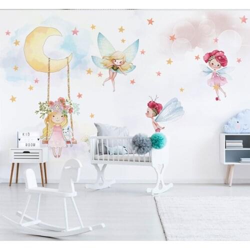 Pink Princess Flying Spirit Stars Moon 3D Cartoon Wallpaper Mural for Girls Angel Kids Room Kindergarten 3d Cartoon Wall Sticker