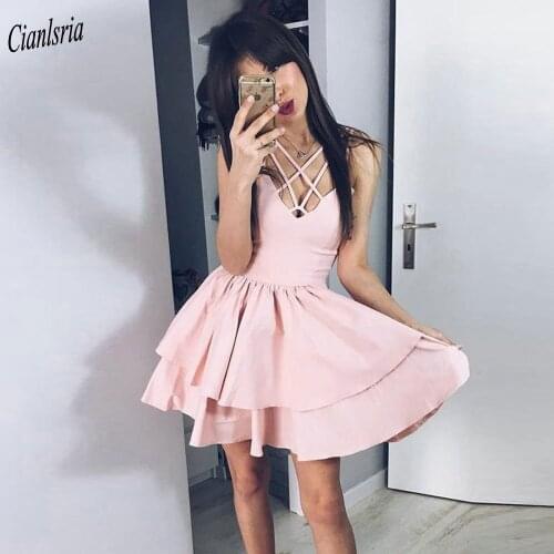 Pink Sexy Criss-Cross Neck Short Cocktail Dresses Sleeveless Tiered Skirt Simple Satin Mini Prom Party Homecoming Dress