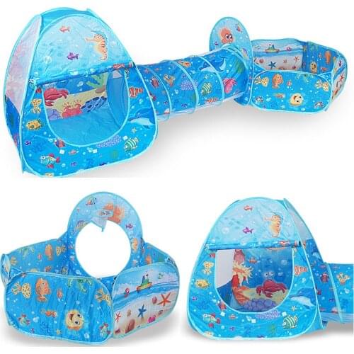 3 in 1 Foldable Kids Play House Tent Crawling Tunnel + Play Tents + Baby Ocean Ball Pool Cartoon Ocean Series Kids Outdoor Game