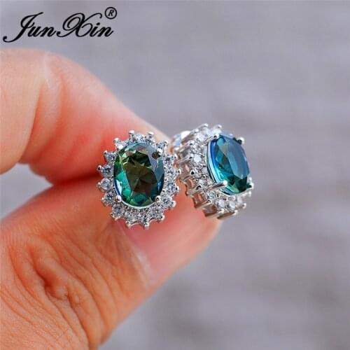 Boho Cute Sunflower Stud Earrings For Women Silver Color Mystic Rainbow fire Crystal Blue Green Black Oval Earring Wedding