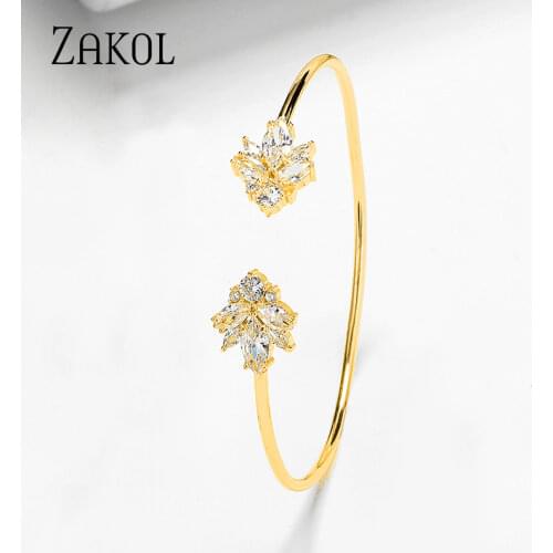 ZAKOL Fashion Open Bangle Style Jewelry Leaf Shape Cubic Zirconia Cuff Bangles for Elegant Women Party Gift FSBP2186