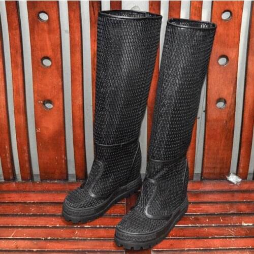 Hot Woman Black Highly Resistant Nylon Net Wedge Knee Boots Ladys Hidden 80 mm Platform Thick Sole Slip On Round Toe Long Boots