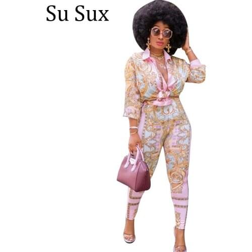 Print Pant Suits Two Piece Set Women Outfits Casual Tracksuit Print Turn Down Collar Long Sleeve Top and Pencil Pants Sets 2021