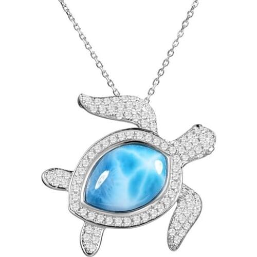 High Quality 100% 925 Sterling Silver Natural Dominica Larimar Sea Turtle Womens Pendant Necklace For Gift