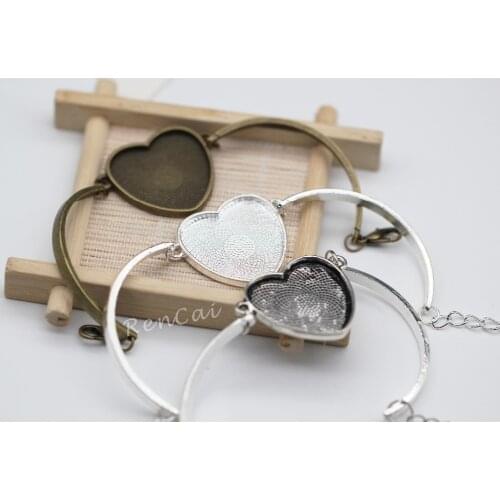 10pcs Trendy 25mm Metal Heart Blanks Bangle Bracelet Setting Bezel Cabochon Bracelet Heart Base For DIY Bracelets Making