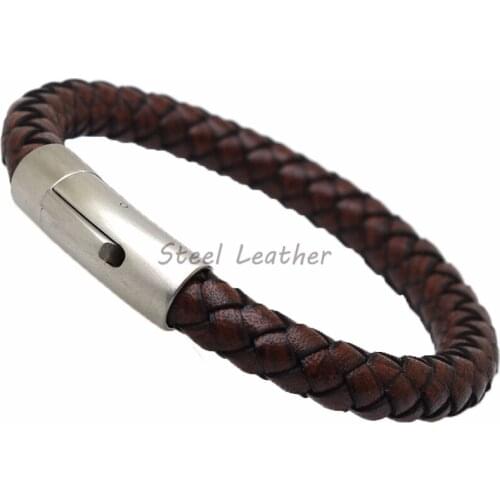 5pcs/lot engrave logo High Quality Stainless Steel Charm Bracelet Braided Genuine Leather Bracelet for Mens Hand Wristband