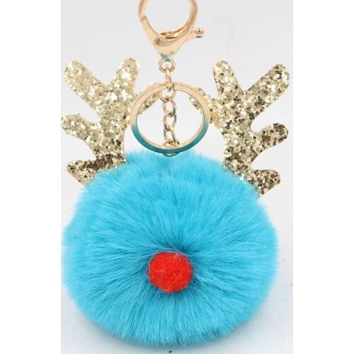 Cute Antler Fur Ball Keychain Sequin Plush Keyring Christmas Pendant Key Holder Charm Bag Car Ornaments For Women Girl Xmas Gift