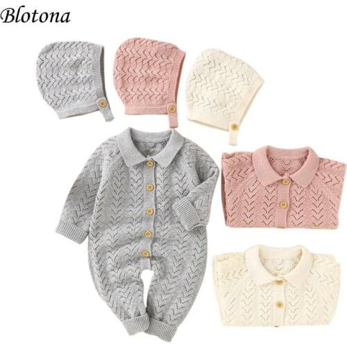Blotona Baby Knitted Sweater Romper + Hat, Single Breasted Closure Lapel Solid Color Ribbed Spring Autumn Clothing, 0-18Months