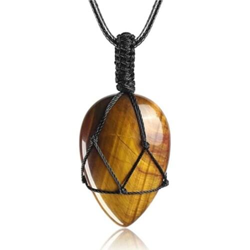 FYJS Unique Handmade Weave Water Drop Tiger Eye Stone Pendant Black Rope Chain Necklace Green Aventurine Jewelry