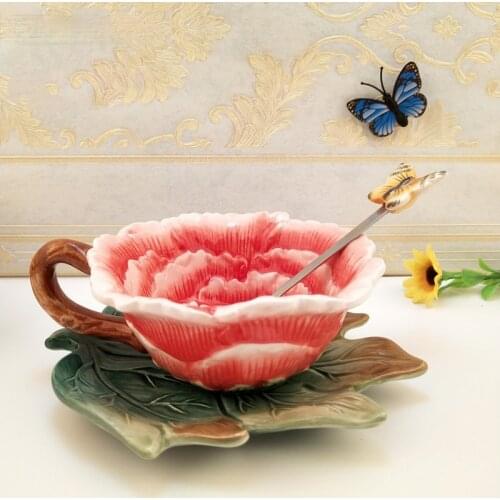 Chinese Ceramic Peony Teacup Home Living Room Make Tea Drinking Water Cup with Tray with Spoon and Lid Give Gifts Tea Cup