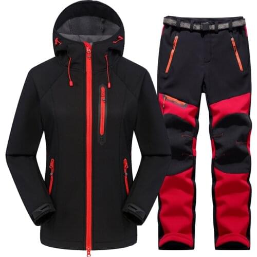 Waterproof Softshell Jacket Suit Women Windproof Fleece Warm Hiking Jacket and Pants Outdoor Mountain Climbing Trekking Trousers
