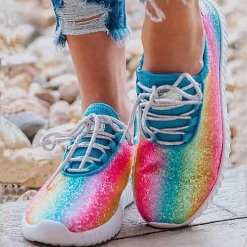 2020 Womens Shoes New Lace-up Vulcanized Shoes Large Size Women Shoes Flat Sequins Rainbow Colors Casual Single sneakers women