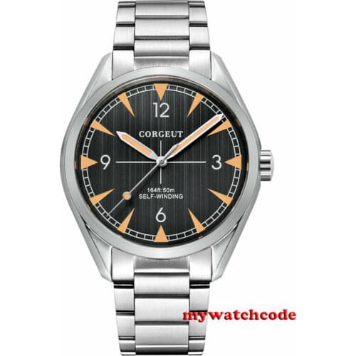 Brushed 41mm CORGEUT Black Dial Sapphire Glass 21 Jewels Miyota 8215 Automatic Mens Watch Glass Back Stainless Steel Band