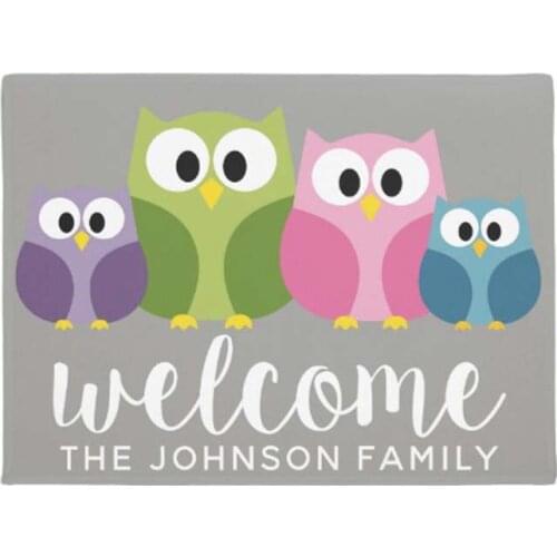 Cute Cartoon Owl Family and Custom Name Doormat Home Decoration Entry Non-slip Door Mat Rubber Washable Floor Home