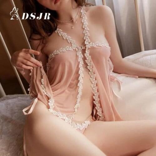 New Sexy Split Mesh Lace Pajama Set Nightgowns with Thong Sleepwear Exotic Intimates Underwear Babydolls Hot Sale Christmas Gift