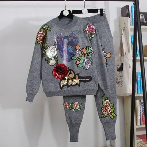 Autumn New Fashion Sequins Flowers Knitted Tracksuits Women Outfits Loose Casual Black Gray Knit Sweater Pencil Pants Set Female