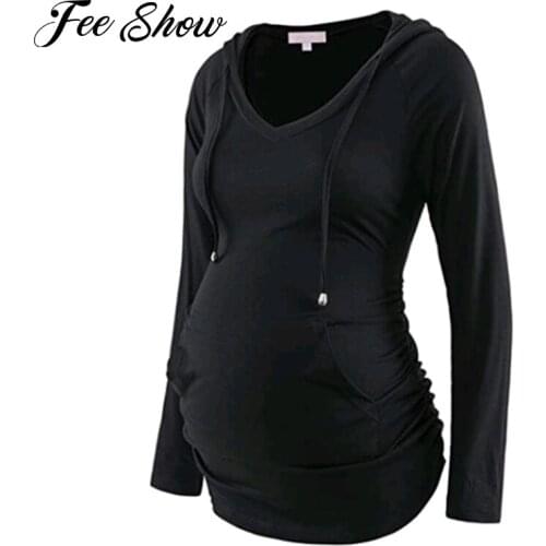 Autumn Maternity Hoodie Clothes Pregnant Women Casual Long Sleeve V neck Hoodie Sweatshirts Tops Pregnancy Maternity Sweatshirt
