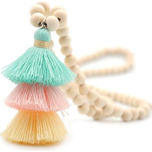 Bohemian Colorful Tassel Necklace Boho Wood Bead Woven Necklace Handmade Beaded Long Sweater Necklace For Women Wooden Necklace