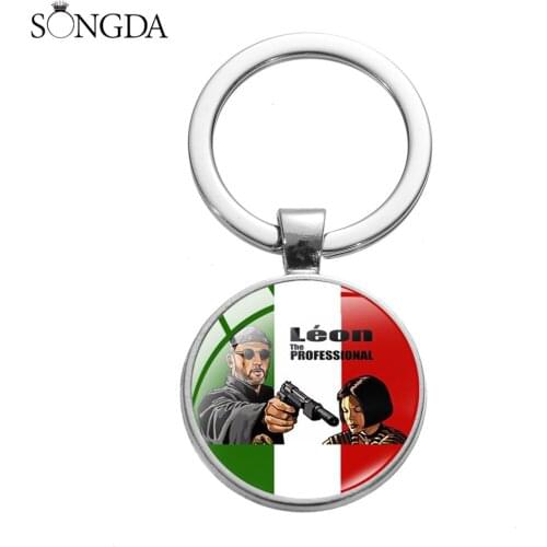 The Professional Killer Leon Keychain Matilda and Leon Cartoon Print Glass Cabochon Keyring Silver Plated Alloy Key Chain