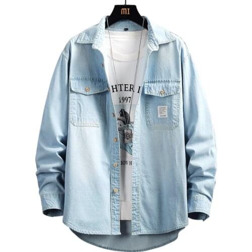 Mens Spring Autumn Casual Loose Denim Single-breasted Shirt Classic Casual Long Sleeve Blue Jean Cotton Blouse Top