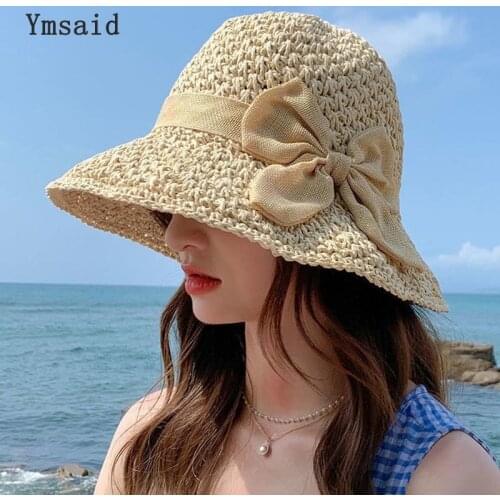 2021Womens Elegant Bow Straw Hats Panamas UV Protection Sun Visor Beach Hats Women Foldable Female Summer Anti-UV Sun Hat
