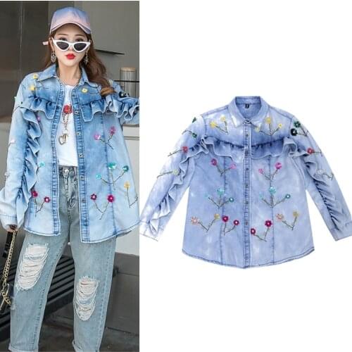 2021 New Denim Outwear Women Hip-Hop 3D Sequins Beads Flower Loose Jeans Jacket Ruffled Long Sleeve Design Gradient Color Coat