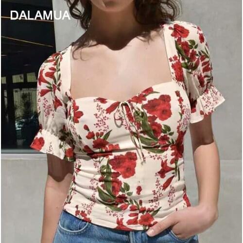 Elegant Women Shirt Blouse Short Sleeve Square Collar Floral Office Lady Fashion Crop Tops 2021 Summer New Female Chiffon Blouse
