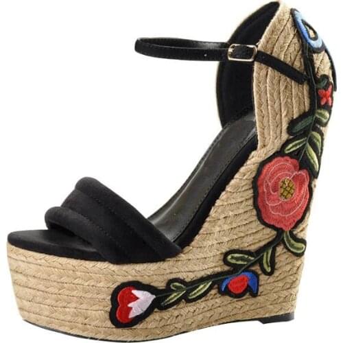 Carpaton Sexy Flower Embroidery Platform Wedge Sandals Summer Open Toe Rope Braided Ankle Strap Woman Shoes Dress Heels