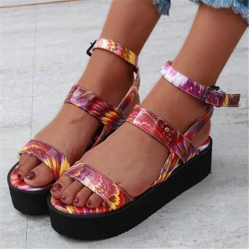 Women sandals PU Buckle Strap 5CM Wedges High heels Round Toe Shallow women shoes sandalias mujer 2020 size 35-42 green red blue