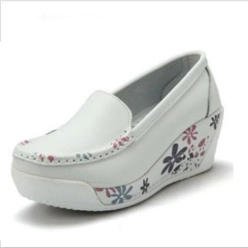 Spring Autumn Women Genuine Leather Sewing Shallow Casual Shoes Ladies Wedges Flowers Print Slip-On Lazy Pumps 20190617