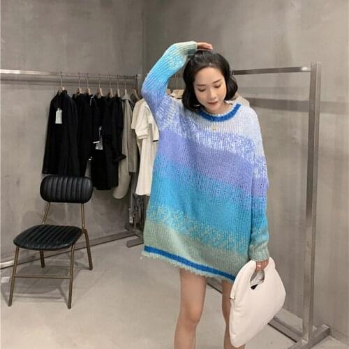 Woman Sweater Mohair Knit Coat Blue Languid is Lazy Style Winter Medium Style Loose Version Pullover Show Temperament Retro