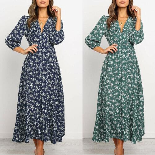 Women Floral V Neck Maxi Dress 2020 Spring Fall Ladies Long Puff Sleeve Flared Dress Fashion Female Buttons Swing Dress A-Line