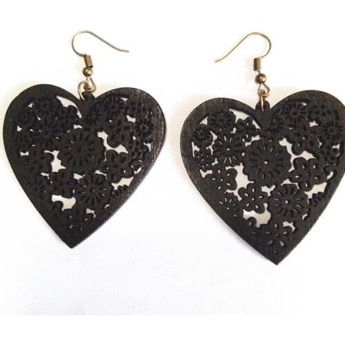 12 pair Laser Cut Wooden Earrings Heart Black Hoop Flowers Shaped Earrings Ancient Bronze Ear Hooks Women Jewelry Cool GiftS